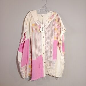 Blue Velvet Oversized Mixed Fabric Top Patchwork Boho Jacket in Cream & Pink New